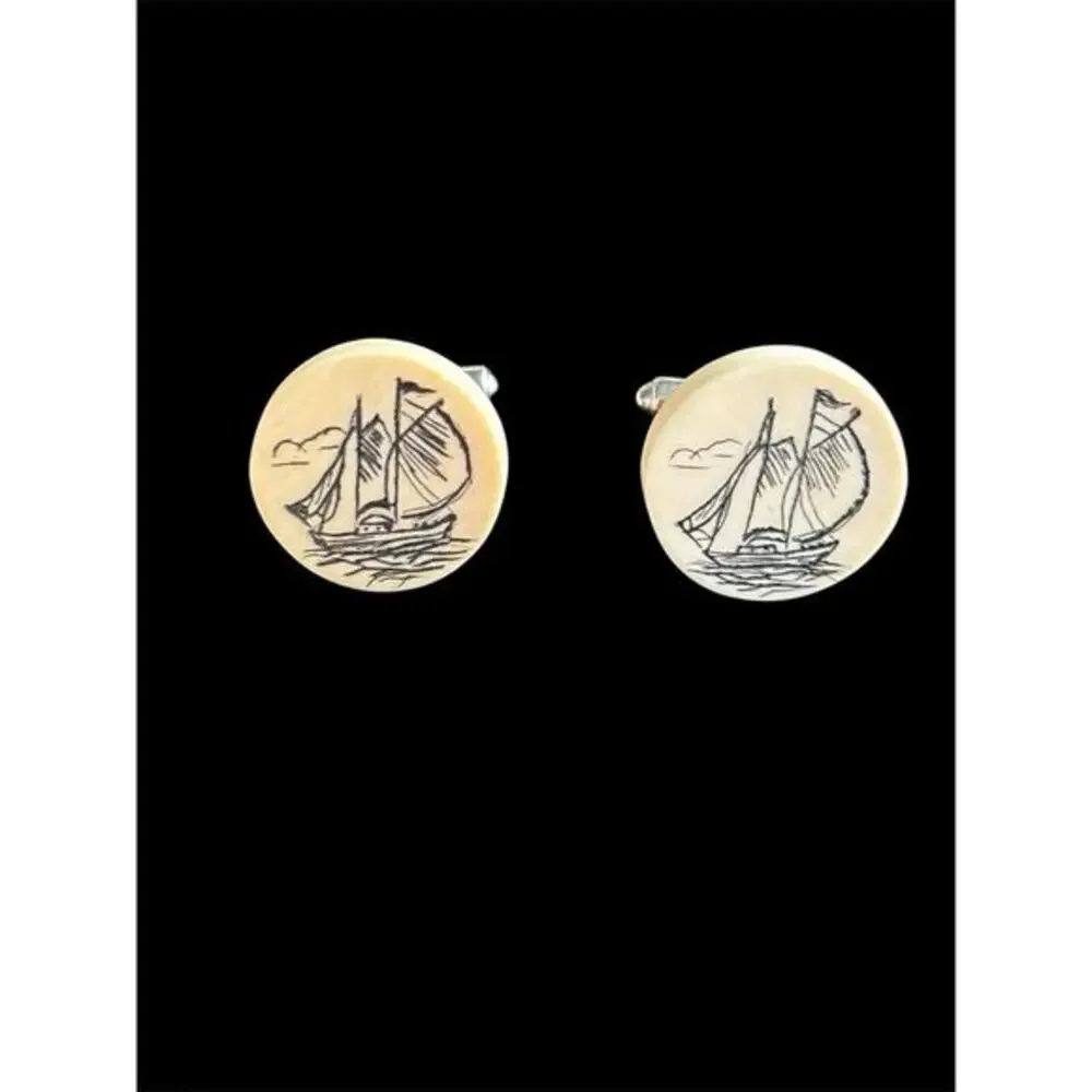 Scrimshaw Cufflinks Maritime Sailing Clipper Ship